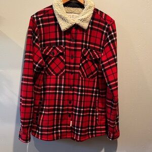 Soho Threads Red Plaid Sherpa Collar Jacket Cozy Warm Button Up Coat Fleece